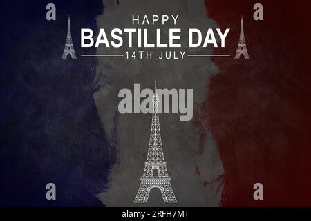 14 July Bastille day flyer, banner or poster. Holiday background with waving flag in man`s hand and map. Vector flat illustration. Stock Photo